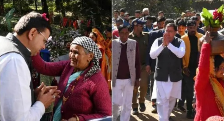  अपने पैतृक गांव हड़खोला पहुंचे धामी तो ग्रामीणों ने बिछाये पलक पांवड़े